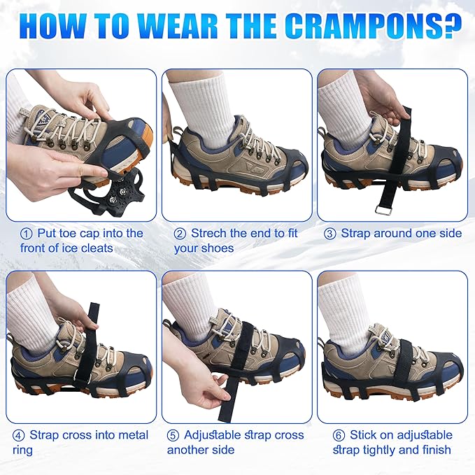 Ice Cleats for Shoes and Boots Snow Traction Cleats Crampons for Walking on Snow and Ice 9 Studs Non-Slip Overshoe Rubber Anti Slip Crampons Slip-on Stretch Footwear Winter Hiking Climbing Ice Fishing