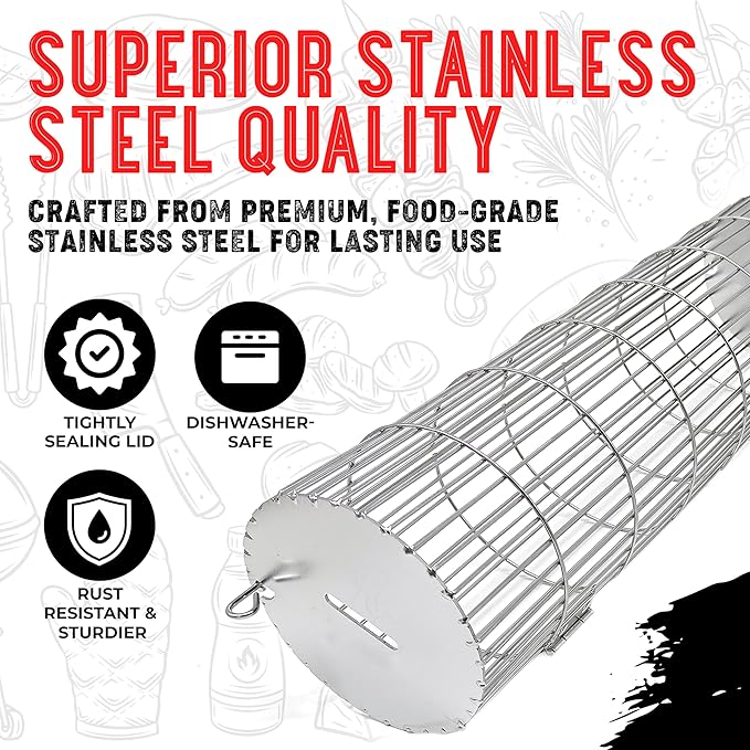 Rolling Grill Basket, New Opening Design, Extra Sturdy Cylinder Grilling Basket, Food Grade Stainless Steel, Large Portable Outdoor Camping accessories BBQ Net Rack, Cooking Griller for Fish, Vegetables, and More - Gifts for Men Dad Husband - Set of 2