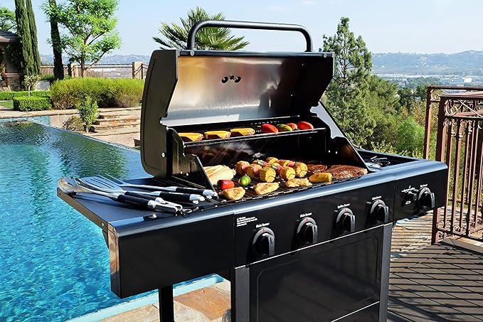 Kenmore 4-Burner Gas Grill with Side Burner, Outdoor BBQ Grill, Propane Gas Grill, Cast Iron Cooking Grates, Electronic Ignition, Warming Rack, Open Cart Design, 53000 BTUs, Black