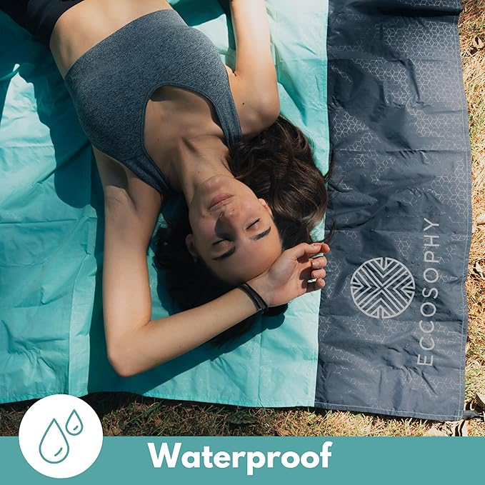 ECCOSOPHY Sand Proof Beach Blanket - Waterproof Picnic Blanket 60x55 Outdoor Compact Pocket Blanket Lightweight Ground Cover for Hiking Camping Festivals Sports Travel with Bag & Stakes (Pistachio)