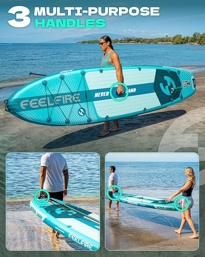 Feelfire11'x34” Extra Wide Inflatable Paddleboard, Stand-up Paddle Board for Adults, 420lb Capacity for Yoga/Fishing/Family, EVA Deck, US Fin, High-Pressure Pump, Storage Backpack, Safety Leash