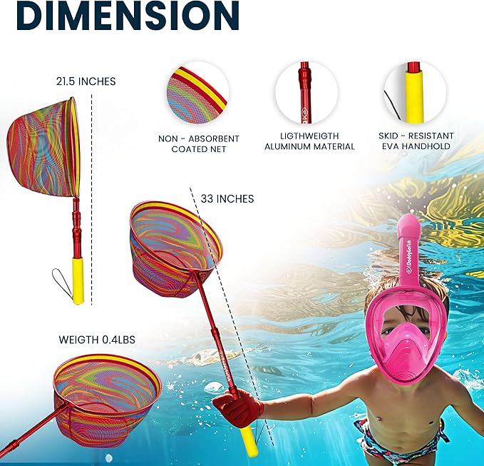DaddyGoFish Kids Snorkel Mask | Snorkle Snorkeling Gear with Camera Mount | Extendable Telescopic Landing Fishing Net & Snorkeling Mask Combo Set Anti-Fog Anti-Leak