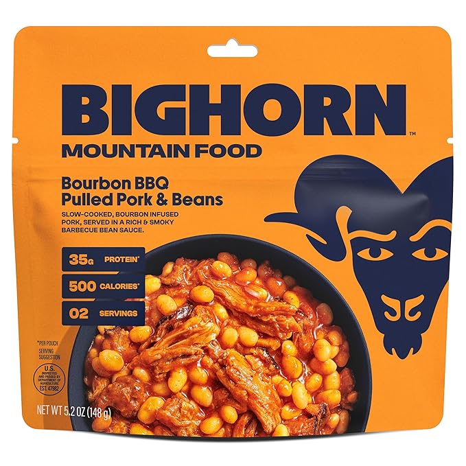 BIGHORN Mountain Food Bourbon BBQ Pulled Pork and Beans - premium freeze dried meals for backpacking food - dehydrated camping food for backpacking meals - 2 Serving