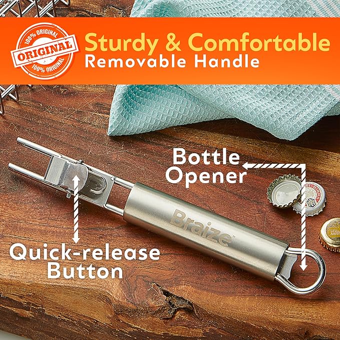 Stainless Steel Large Grill Basket with Removable Handle – 12.25 x 9.5 x 1.5 Inch BBQ Vegetable Basket with Easy Open Lid, Silicone Basting Brush & Scrub Sponge – Outdoor Cooking & Camping Accessory