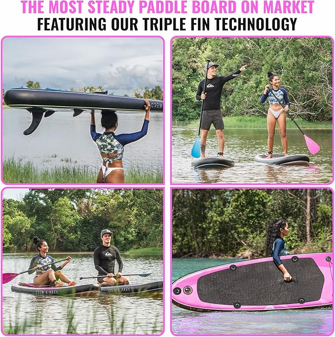 Crew Axel Inflatable Paddle Board 10’33’6” Extra Wide & Lightweight (18lb) Paddle Board – Premium SUP Set Includes 2 Bags, Floating Paddle, Camera Mount, 3 Fins, Dual Pump Kit