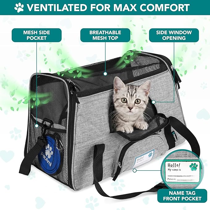 PetAmi Airline Approved Pet Carrier for Cats & Small Dogs, Soft Sided TSA Travel Carrier Bag Sherpa Bed, Breathable Mesh Ventilation, Collapsible Bowl, Fit Under Seat, Up to 18 lbs, Small Heather Gray