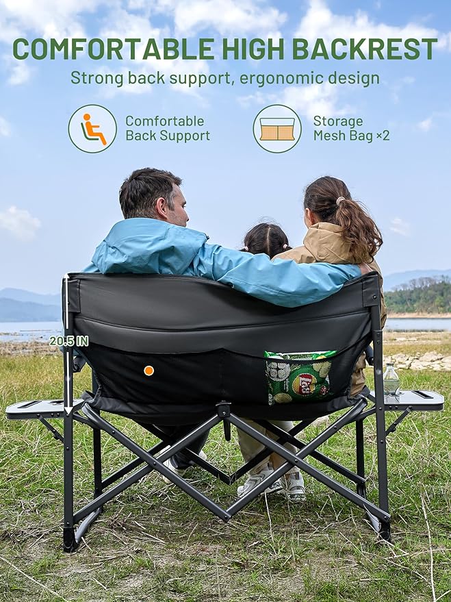 TIMBER RIDGE Double Camping Chair Portable Loveseat, Heavy Duty Folding Camp Couch 2 Person Director Chairs with Cup Holder for Outdoor Lawn Tailgates Picnic Sports Soccer Games Supports 600 lbs Grey