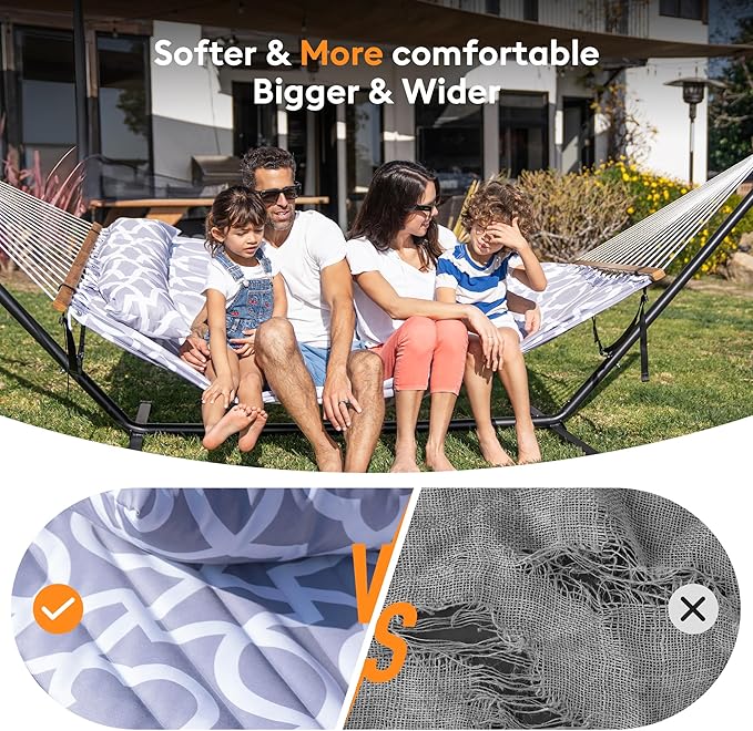 Double Hammock with Spreader Bar,Soft Pillow,Max Load 500lbs,Portable Hammock for Outdoor,Camping,and Backyard,White Gray