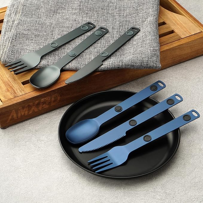 Magnetic Camping Utensils Set, Portable & Reusable Metal Travel Flatware, Camping Cutlery Set, Knife, Fork & Spoon, 3-PACK, Blue