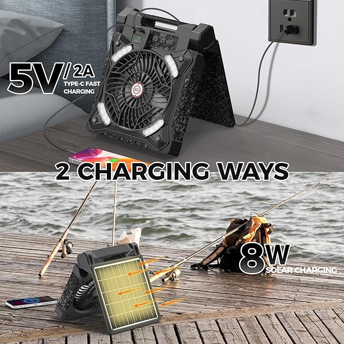 MORECORE 10000mAh 11inch Solar Camping Fan with Dual Charging, 4 Speeds & 3 Light Levels, 36H Run Time, Timer & 90° Adjustable, Portable Quiet Desk Fan for Hiking, Hurricane, Outages, Fishing-Black