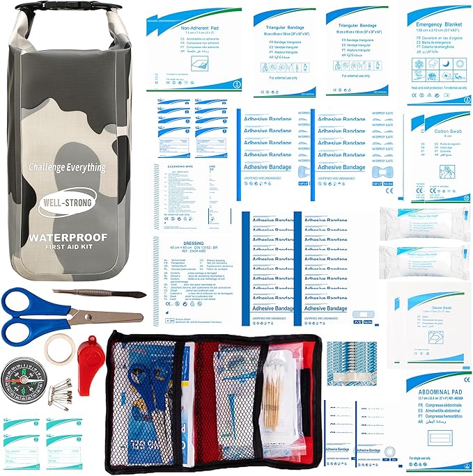 Waterproof First Aid Kit Roll Top Boat Emergency Kit with Waterproof Contents for Fishing Kayaking Boating Swimming Camping Rafting Beach Camouflage Grey