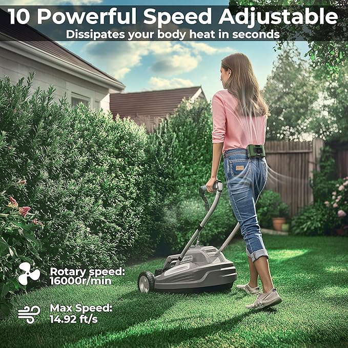 Portable Waist Fan, 20000mAh Battery Operated, Clip On Belt & Rechargeable, 10 Speeds 16000RPM Strong Airflow, Max 40H Working Time, Personal Shirt Fan for Outdoor Jobsite Camping Travel