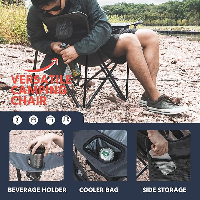 OUTSIDER Folding Camping Chair 300LBS Capacity, Portable Outdoor Lawn Chairs with Ergonomic Lumbar Support, Cooler Bag, Cup Holder, Pockets, Headrest for Beach, Lawn, Hiking (Style-1, 2pcs)