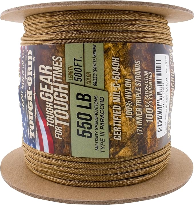 TOUGH-GRID 550 Paracord Rope Nylon Parachute Cord, Made in USA Survival Kit, Outdoor Adventures, Camping, Tactical Gear & Emergency Supplies, Military Type III Mil-Spec