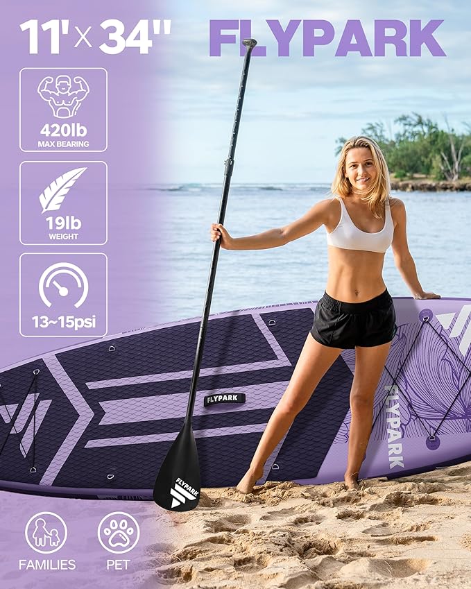 Flypark 11'x34 Inflatable Paddle Boards, Extra Wide SUP for 420lbs/3Adults, Yoga Stand Up Paddle Board, 110L Backpack, 15 D-Rings, Shoulder Strap, US-Fin, 2-Action Pump