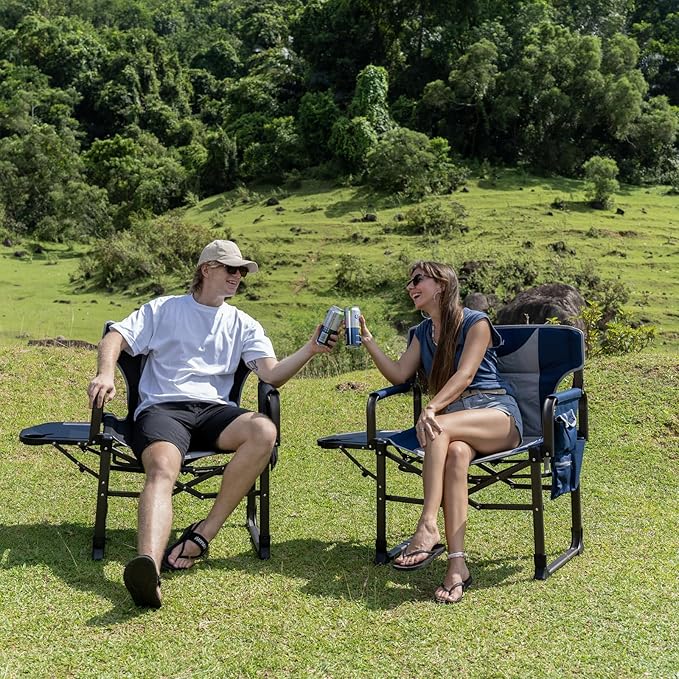 SUNNYFEEL Oversized Camping Directors Chair Black Portable Folding Chair for Adults Support 600lbs with Side Pocket and Side Table for Beach, Fishing, Trip, Picnic, Lawn, Outdoor Foldable Camp Chairs
