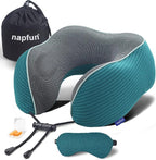 napfun Neck Pillow for Traveling, Upgraded Travel Neck Pillow for Airplane 100% Pure Memory Foam Travel Pillow for Flight Headrest Sleep, Portable Plane Accessories, Teal Set, Medium (120-200LB)