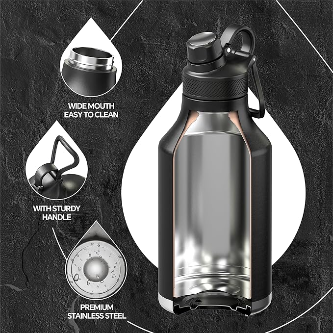 IDEUS Insulated Stainless Steel Water Bottle with 2 Leak-Proof Lids, Thermal Water Flask for Hiking Biking, 64oz, Black