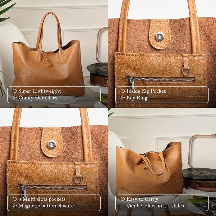 Italian Leather Tote Bag for Women - Large Shoulder Shopper, Fits 16” Laptop, Keychain Holder, Made in Italy