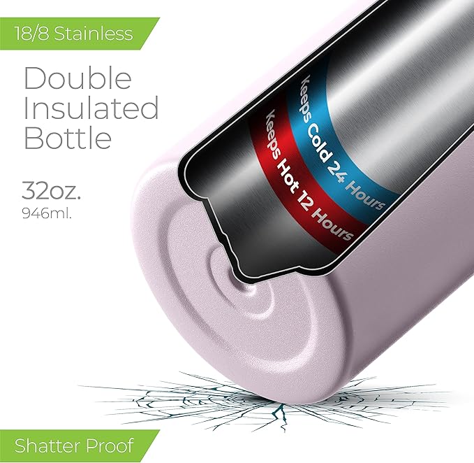 SipX™ Triple-Insulated Stainless Steel Water Bottle 32oz. With 3 Lids, BPA-Free Reusable Insulated Water Bottle Keeps Cold 24 Hours, Metal Water Bottle Made Of Sustainable Material For Hiking & Biking