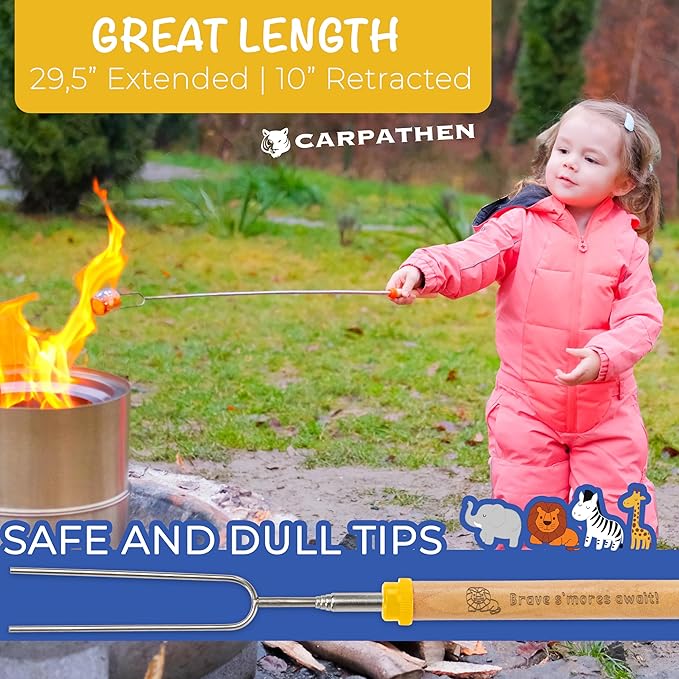 CARPATHEN Marshmallow Roasting Sticks Campfire - Set of 8pcs Smores Sticks With Beautifully Engraved Handles - Perfect as a Gift - Telescoping Stainless Steel Hot Dog Sticks Skewers