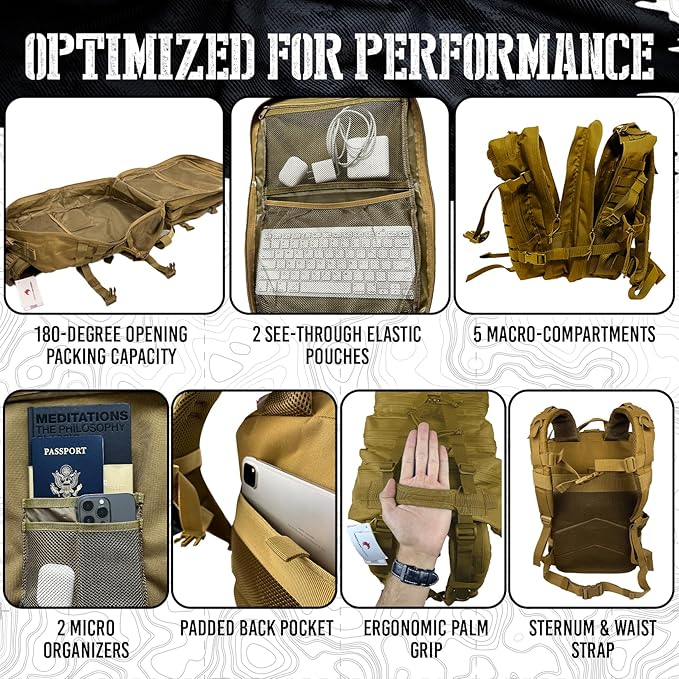 AMERICANPHOENIX 45L Elite Tactical Backpack | 3X Stronger Work & Military Backpack | Water Resistant and Heavy Duty | 3 Day MOLLE Bug Out Bag (Dune Brown)
