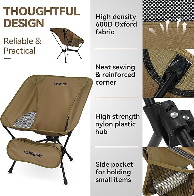 MARCHWAY Lightweight Folding Camping Chair with Spring Lock, Stable Compact Portable for Outdoor Camp, Travel, Beach, Picnic, Festival, Hiking, Backpacking (Lowback Khaki)