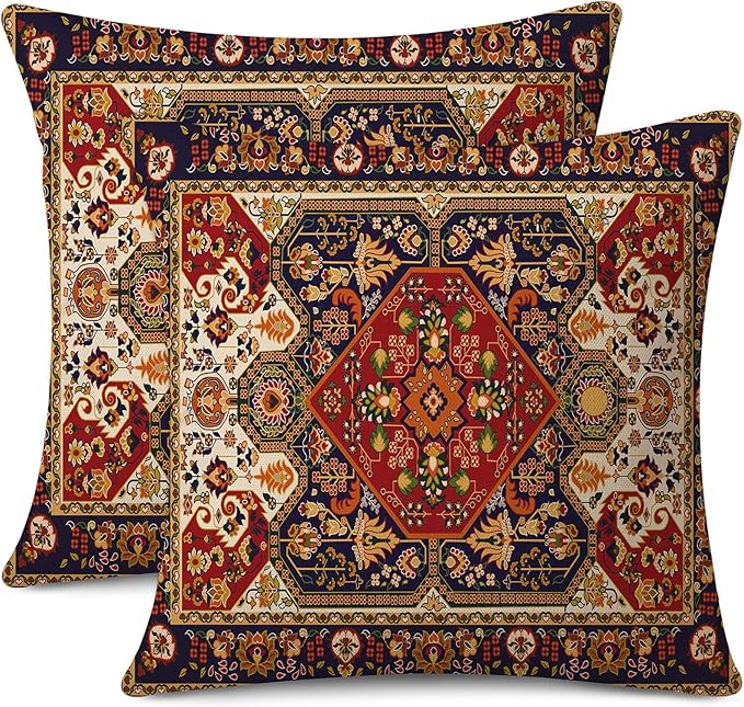 Outdoor Waterproof Pillow Covers 18X18 Inch Set of 2 Tribal Abstract Red and Yellow Vintage Carpet Pattern Decorative Farmhouse Pillow Covers for Couch Garden Balcony