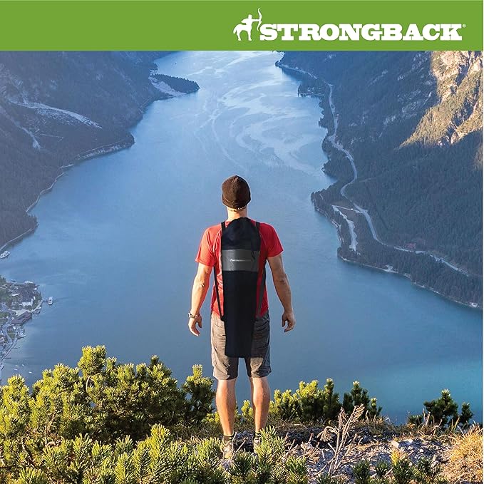 STRONGBACK Elite Folding Camping Lawn Lounge Chair Heavy Duty Camp Outdoor Seat with Lumbar Support and Portable Carry Bag - Black/Grey