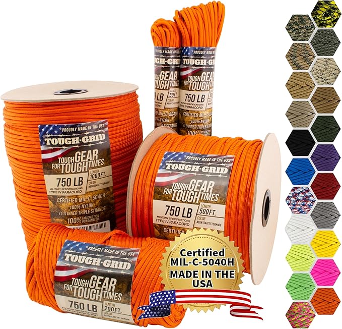 TOUGH-GRID Paracord Rope 750 lbs Nylon Parachute Cord, Made in USA Survival Kit, Outdoor Adventures, Camping, Tactical Gear & Emergency Supplies, Military Type IV Mil-Spec