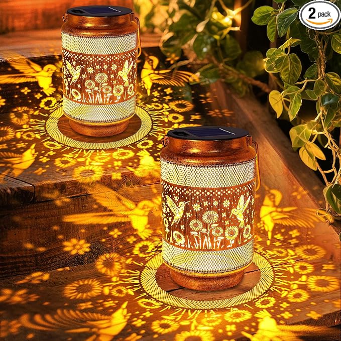 2 Pack Hummingbird Solar Lanterns Outdoor Waterproof Garden Decor, Birthday Gifts for Women Mom Grandma, Metal Hanging Solar Lights for Yard Patio Pathway Backyard Porch