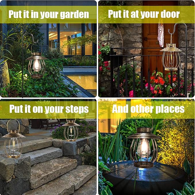 Solar Lanterns Outdoor Waterproof - Outdoor Hanging Lantern with Shepherds Hook, Garden Solar Lights Decorative Gifts for Women Mom Grandma, Lanterns Decorative Outdoor for Yard Patio Backyard Porch