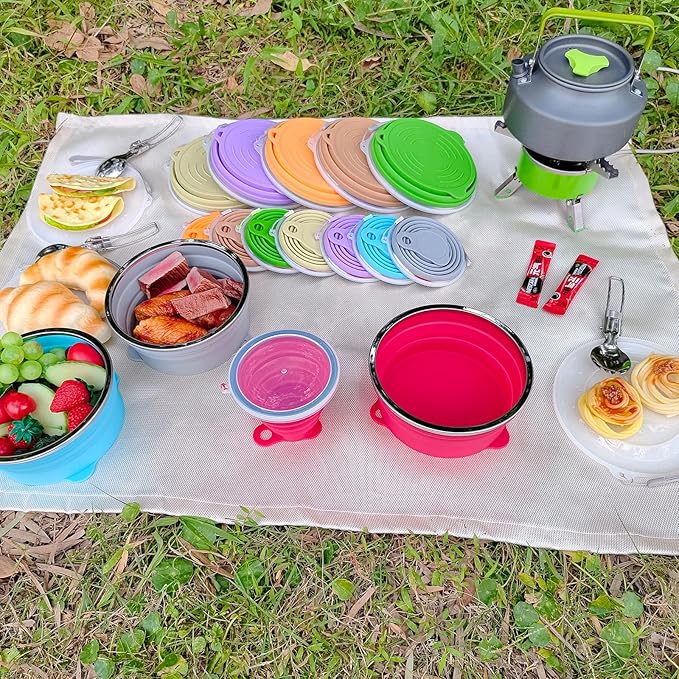 Mess Kit for Camping Silicone Collapsible Bowl Collapsible Cup and Stainless Steel Spoon for Backpacking Outdoor Hiking Traveling and Picnic