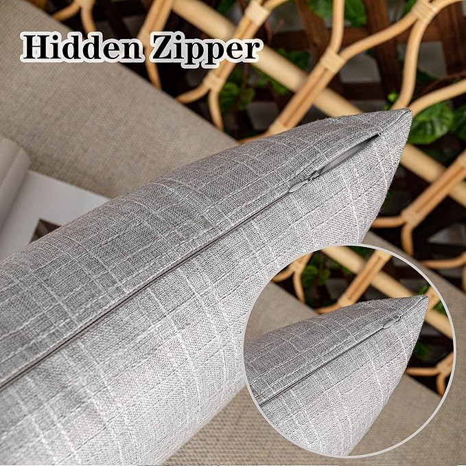 Kevin Textile Pack of 2 Outdoor Waterproof Pillow Covers Throw Pillow Covers Decorative Pillowcases Checkered Weaving Linen Pillow Cases for Sofa Couch Patio Garden 24x24 Inch Grey