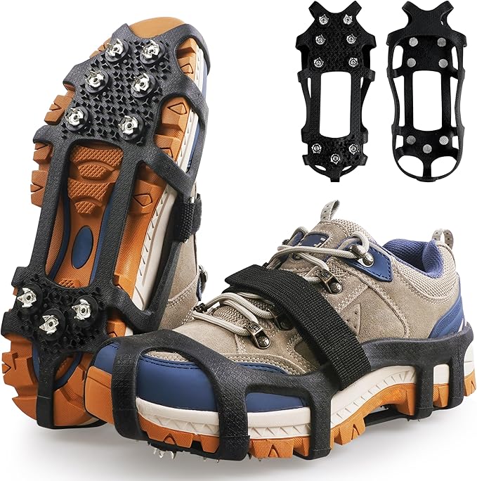 Ice Cleats for Shoes and Boots Snow Traction Cleats Crampons for Walking on Snow and Ice 9 Studs Non-Slip Overshoe Rubber Anti Slip Crampons Slip-on Stretch Footwear Winter Hiking Climbing Ice Fishing