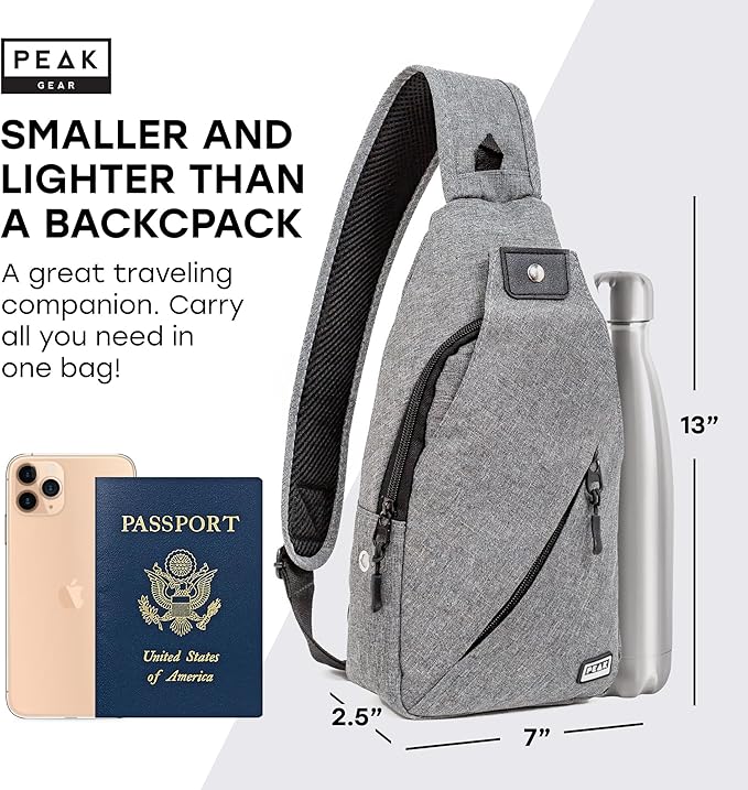 Peak Gear Travel Sling Bag. Compact Crossbody Bag | Lighter and Smaller than a Backpack | Lifetime Lost & Found ID Tag