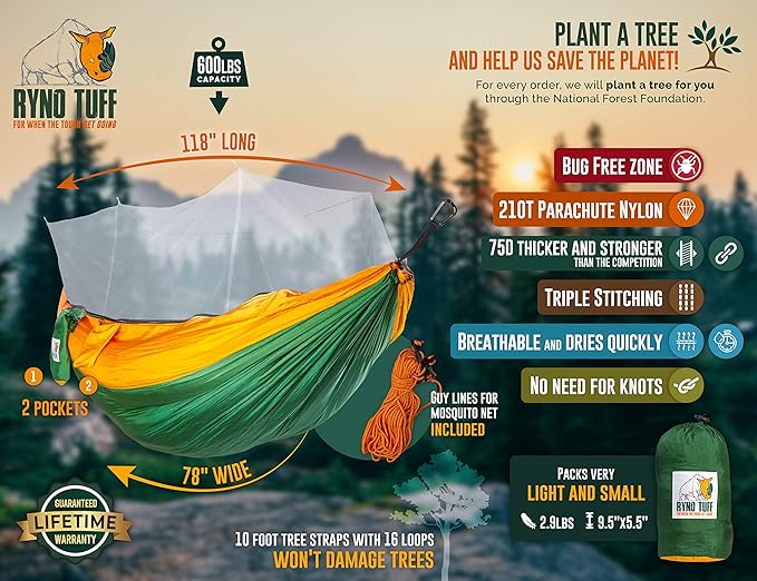 X-Large 2 Person Camping Hammock with Mosquito Net - Compact Double Hammock with Bug Net, Pocket, Tree Straps & Heavy Duty Carabiners - Parachute Grade Nylon Can Hold Over 600lbs of Weight