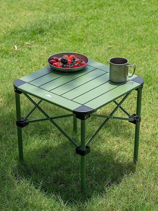 iClimb Lightweight Stable Alu. Folding Square Table Roll Up Top with Carry Bag for Camping Picnic Backyards BBQ Camp Kitchen (Green, S)