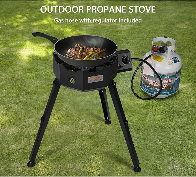 ONLYFIRE Portable Gas Burner with Adjustable Removable Legs, Propane Camping Stove for Backyard RV Tailgating Outdoor Cooking, works for Wok, Skillet, Frying Pan, Pot, 4FT Hose, 65000BTU, GS301