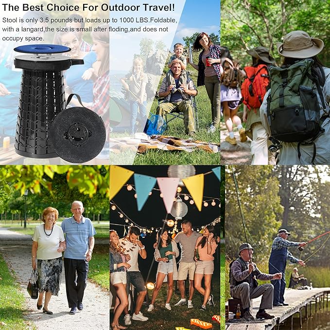 ALEVMOOM 2025 Upgraded XXL 19.7" Collapsible Stool with Cushion, 1000lbs Max Weight Heavy Duty Portable Telescoping Stool, Retractable Seat Folding Chair for Camping Fishing Hiking(Black-XXL)