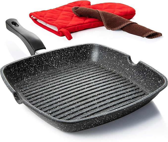 Moss & Stone Aluminum Nonstick Grill Pan for Stove Tops, Versatile Griddle Skillet with Pour Spouts, 11 Inch Square Grill Pan Big Cooking Surface, Durable Skillet For Indoor Cooking & Outdoor Grilling
