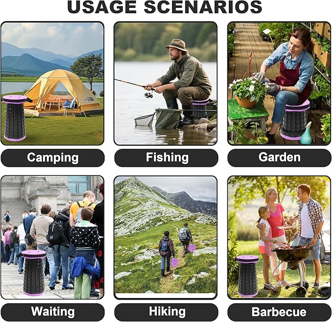 ALEVMOOM Collapsible Stool with Cushion, H18.3 D10.24 Portable Telescoping More Sturdy Load Capacity 600Lbs, Retractable Adjustable Camping Folding Stool for Outdoor Hiking BBQ Climb