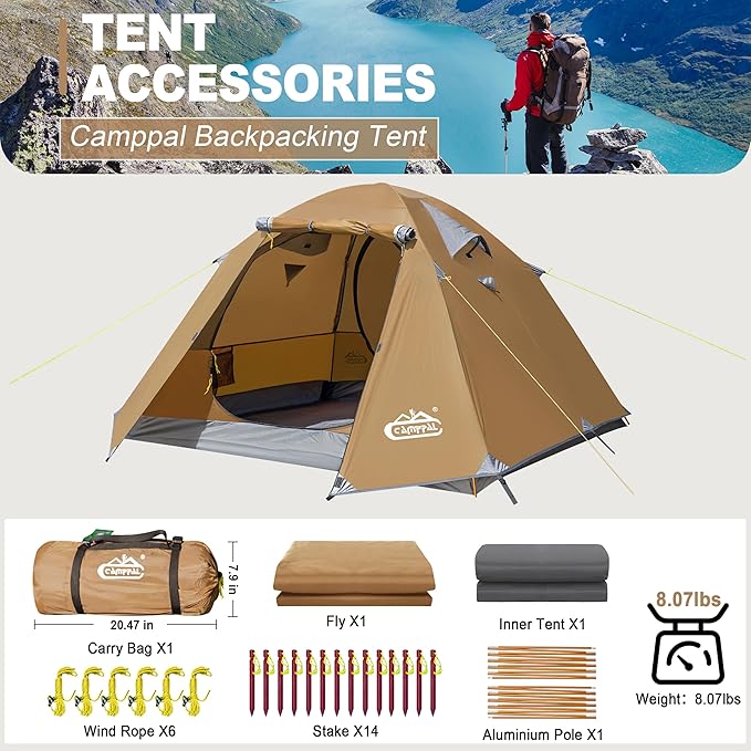 2-3 Person Backpacking Tent with Double Door 2 Vestibule, Waterproof Windproof Lightweight Easy Set Up 3 Season 2 Man Two Person Tent for Camping, Hiking, Motorcycle, Mountaineering with UPF 50+