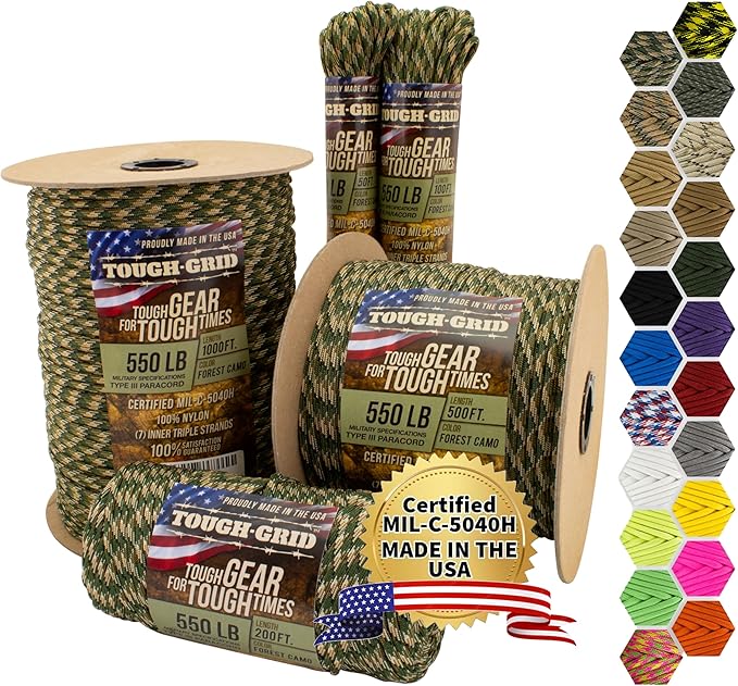 TOUGH-GRID 550 Paracord Rope Nylon Parachute Cord, Made in USA Survival Kit, Outdoor Adventures, Camping, Tactical Gear & Emergency Supplies, Military Type III Mil-Spec