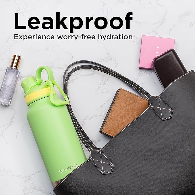 ThermoProof Double-Walled Vacuum Insulated Stainless Steel Water Bottle - Wide Mouth Canteen, Spout & Straw Lids, Dishwasher Safe, Reusable, Leakproof, Hot & Cold for Men, Women & Kids - 32oz, Navy