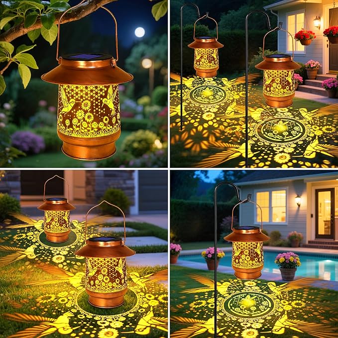 Hummingbird Solar Lanterns Outdoor Garden Decor, Sunflower Gifts for Women Mom Grandma Birthday Hanging Metal Solar Lights Waterproof Decoration for Garden Yard Lawn Patio