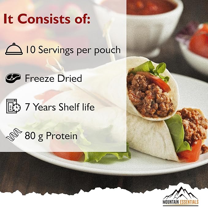 MOUNTAIN ESSENTIALS Freeze-Dried Ground Beef – Pre-Cooked and Ready-to-Eat Hamburger Meat | Everyday Meal Prep, Emergency Food Supply, Camping and Survival Food | 10 Servings per Pouch | Made in USA | 7-Year Shelf Life | Pack of 1