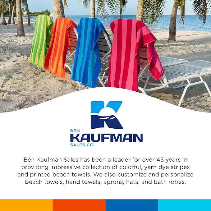 Kaufman - Soft Oversized Beach Towels in Bulk | 30" x 60" Velour Striped Beach Towel | Absorbent, Quick-Drying | 100% Cotton Thick Beach Towels (12-Pack)
