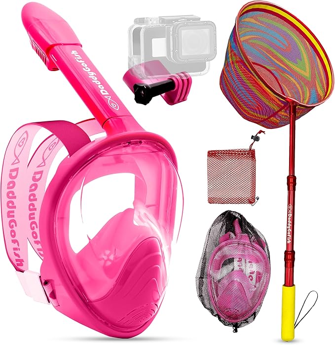 DaddyGoFish Kids Snorkel Mask | Snorkle Snorkeling Gear with Camera Mount | Extendable Telescopic Landing Fishing Net & Snorkeling Mask Combo Set Anti-Fog Anti-Leak