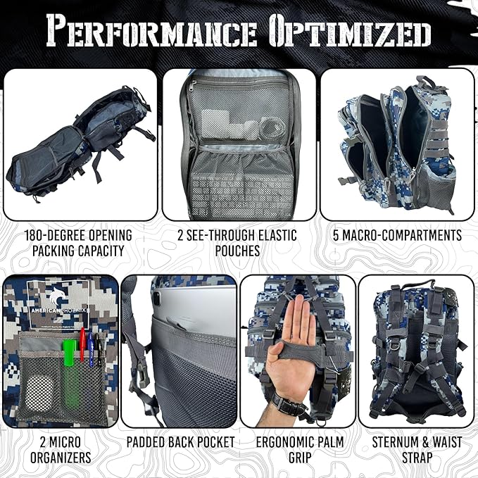 AMERICANPHOENIX 45L Elite Tactical Backpack | 3X Stronger Work & Military Backpack | Water Resistant and Heavy Duty | 3 Day MOLLE Bug Out Bag (Blue Jay)
